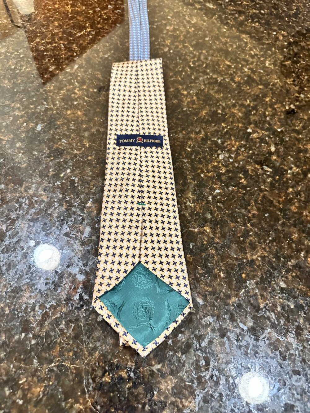 NWT Vtg Tommy Hilfiger Silk Tie Blue Cream Houndstooth Geometric USA 90s - Picture 2 of 3